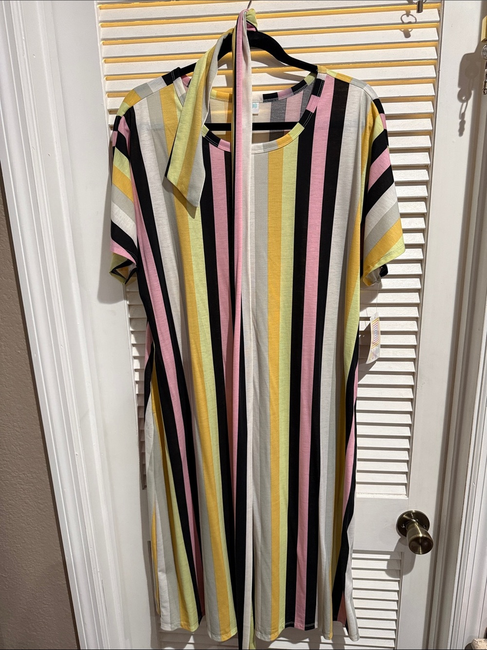 LuLaRoe Vertical Stripe Midi Dress in Yellow, Pink, Black & Cream